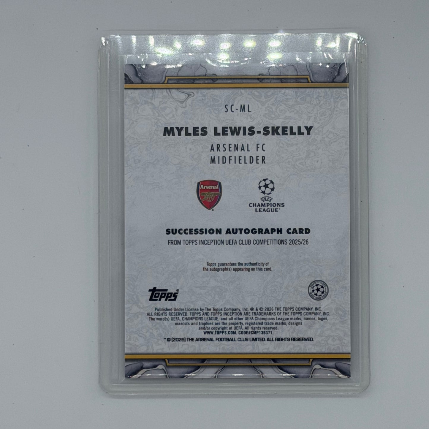 Myles Lewis-Skelly Arsenal UEFA Soccer Topps 2026 Inception Succession Auto /99