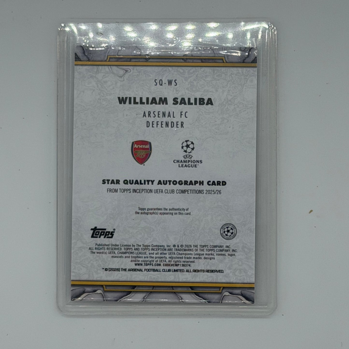 William Saliba Arsenal FC UEFA Soccer Topps 2026 Inception Star Quality Auto /75