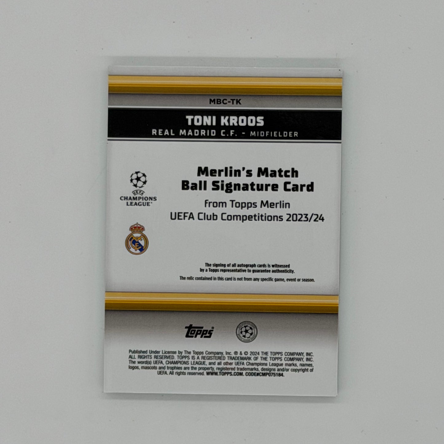 Toni Kroos Real Madrid UEFA Soccer Topps 2023-24 Merlin Ball Relic Auto