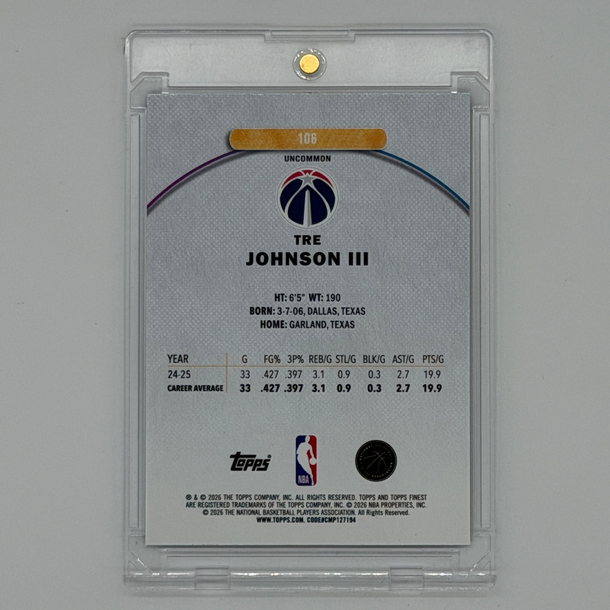 Tre Johnson III Washington Wizards NBA Basketball Topps 2025 Finest /200