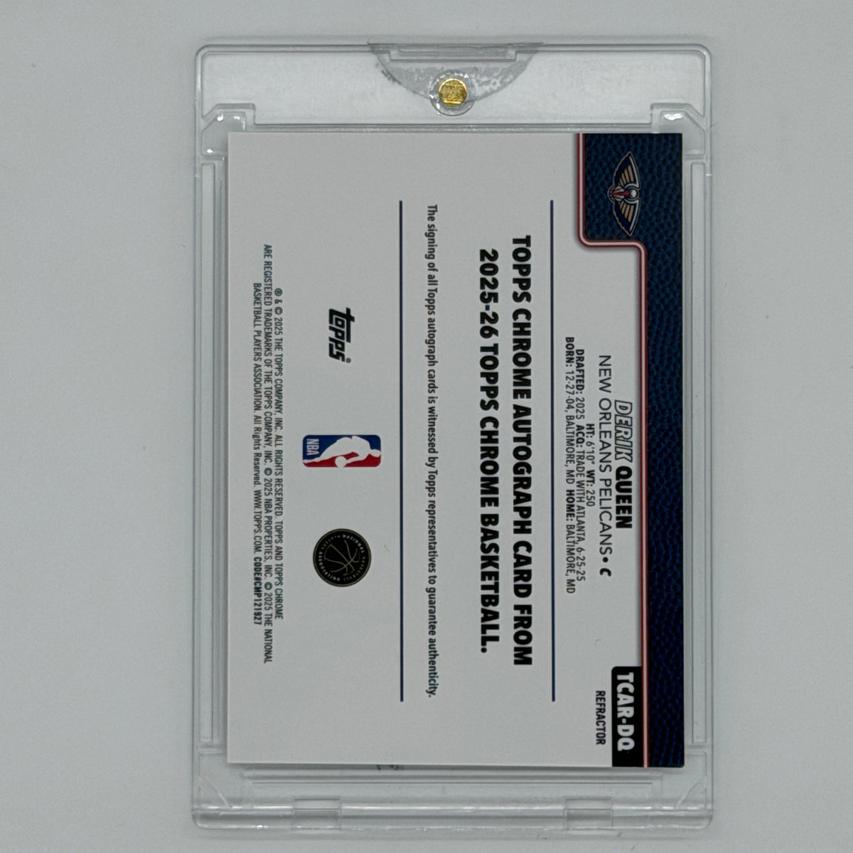 Derik Queen New Orleans Pelicans NBA Basketball Topps 2025 Chrome Auto