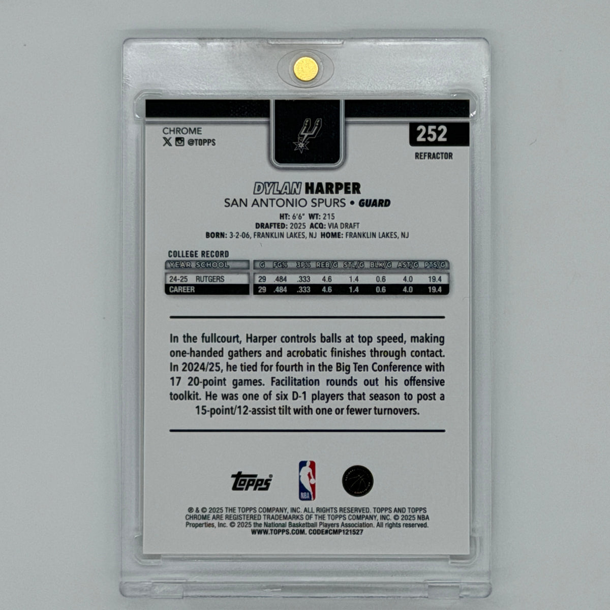 Dylan Harper San Antonio Spurs NBA Basketball Topps 2025 Chrome RC Refractor