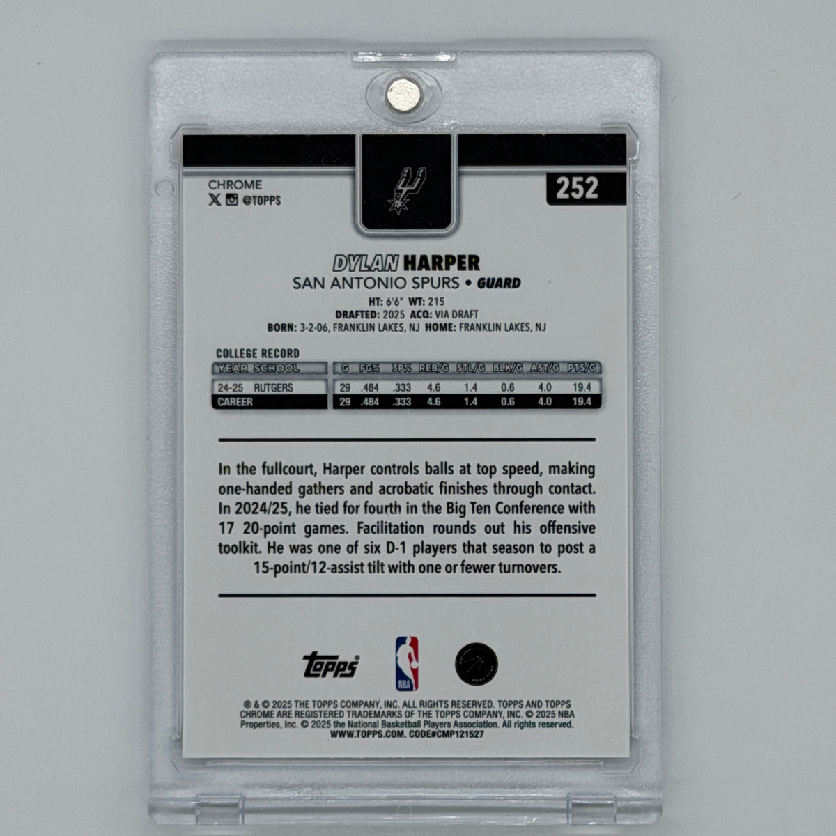 Dylan Harper San Antonio Spurs NBA Basketball Topps 2025 Chrome RC Red White