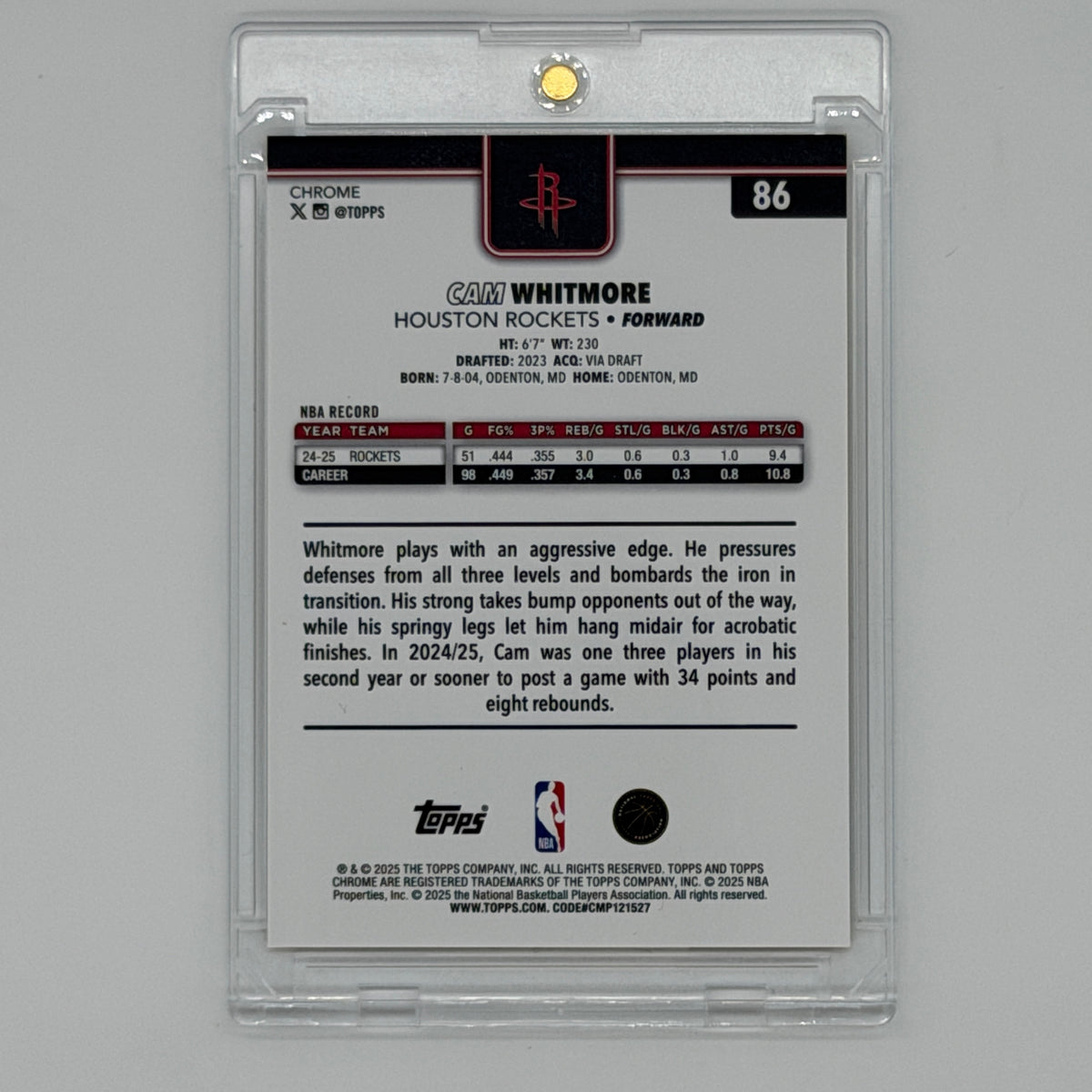 Cam Whitmore Houston Rockets NBA Basketball Topps 2025 Chrome /50
