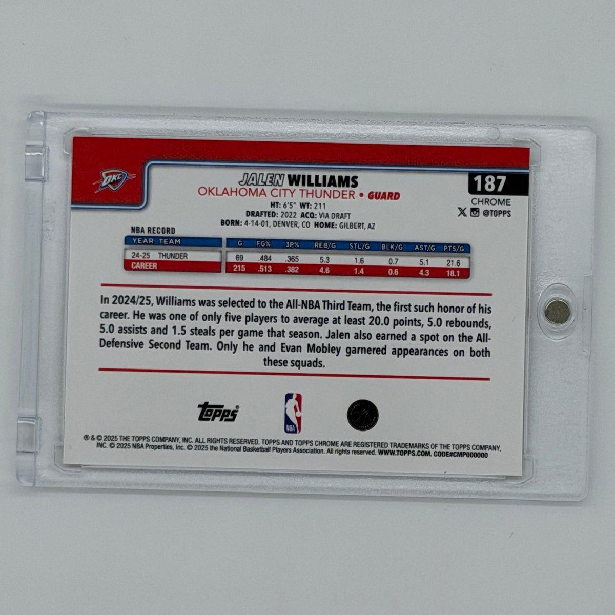 Jalen Williams Oklahoma City Thunder NBA Basketball Topps 2025 Chrome /50