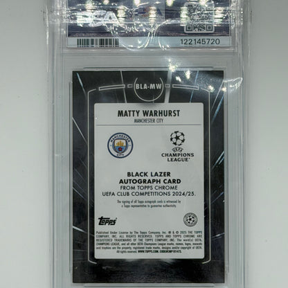 Matty Warhurst Man City UEFA Soccer Topps 2024 Chrome Black Lazer Auto /5 PSA 9