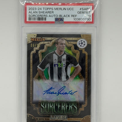 Alan Shearer Newcastle Utd UEFA Soccer Topps 2023-24 Merlin UCC Auto /10 PSA 10