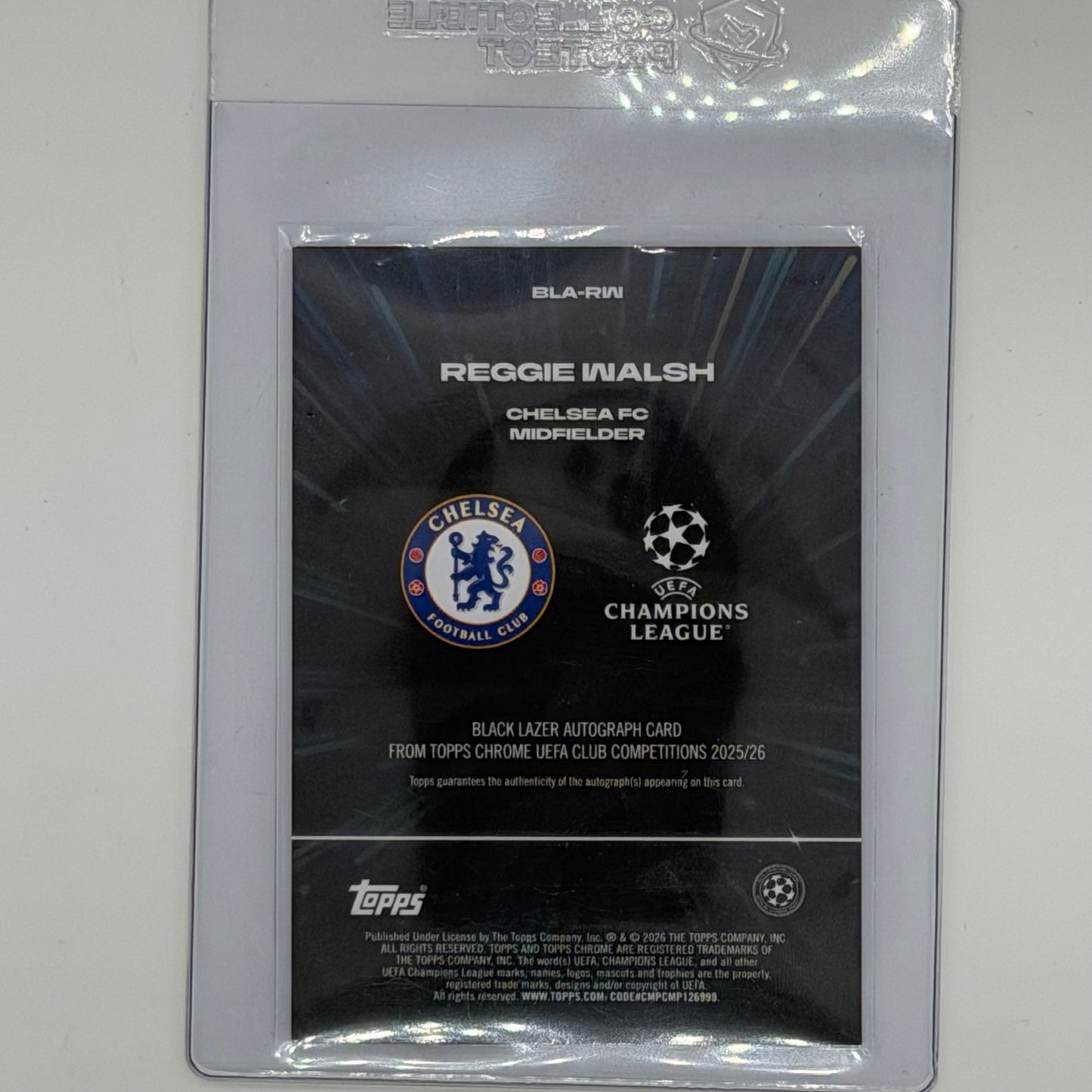Reggie Walsh Chelsea FC UEFA Soccer Topps 2025-26 Chrome Black Lazer Auto