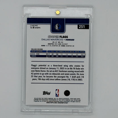 Cooper Flagg Dallas Mavericks NBA Basketball Topps 2025 Chrome Refractor #251