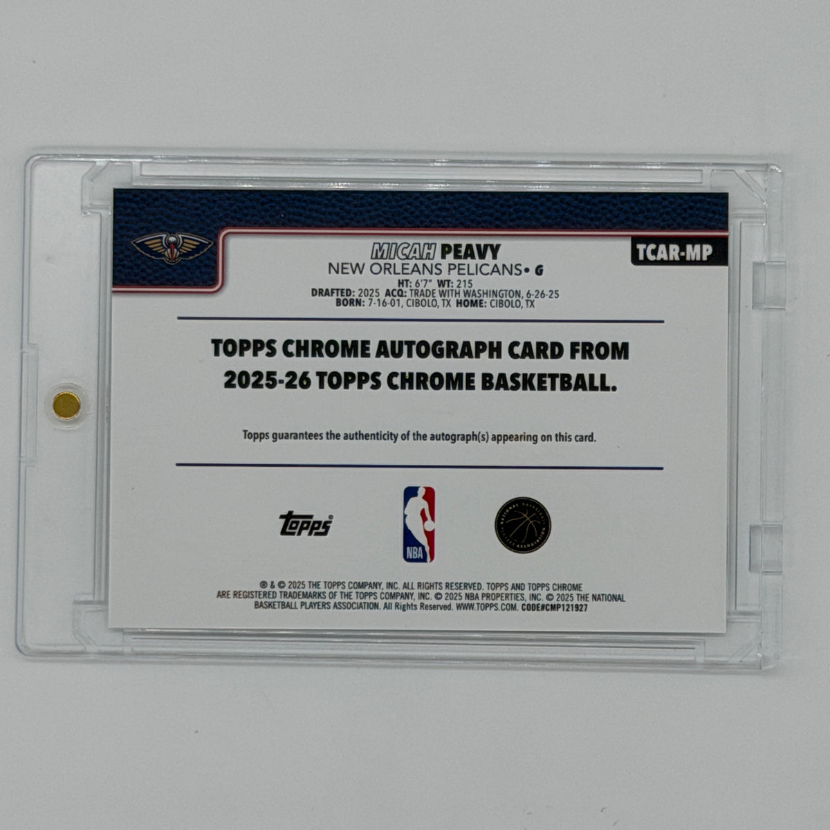 Micah Peavy New Orleans Pelicans NBA Basketball Topps 2025 Chrome Auto