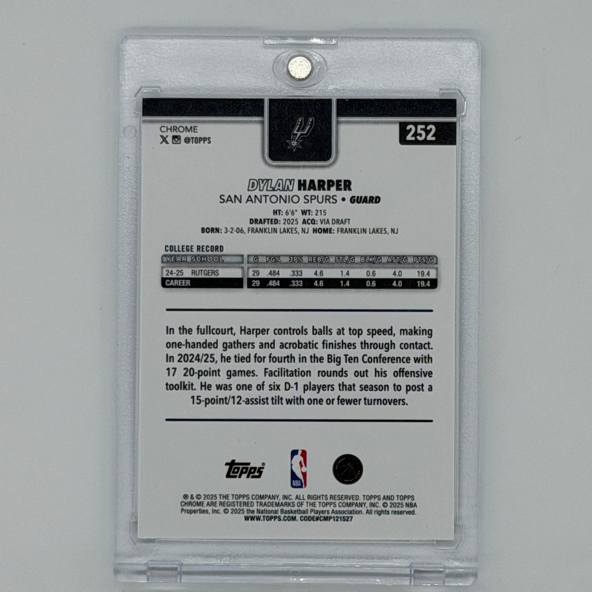 Dylan Harper San Antonio Spurs NBA Basketball Topps 2025 Chrome RC Checkerboard