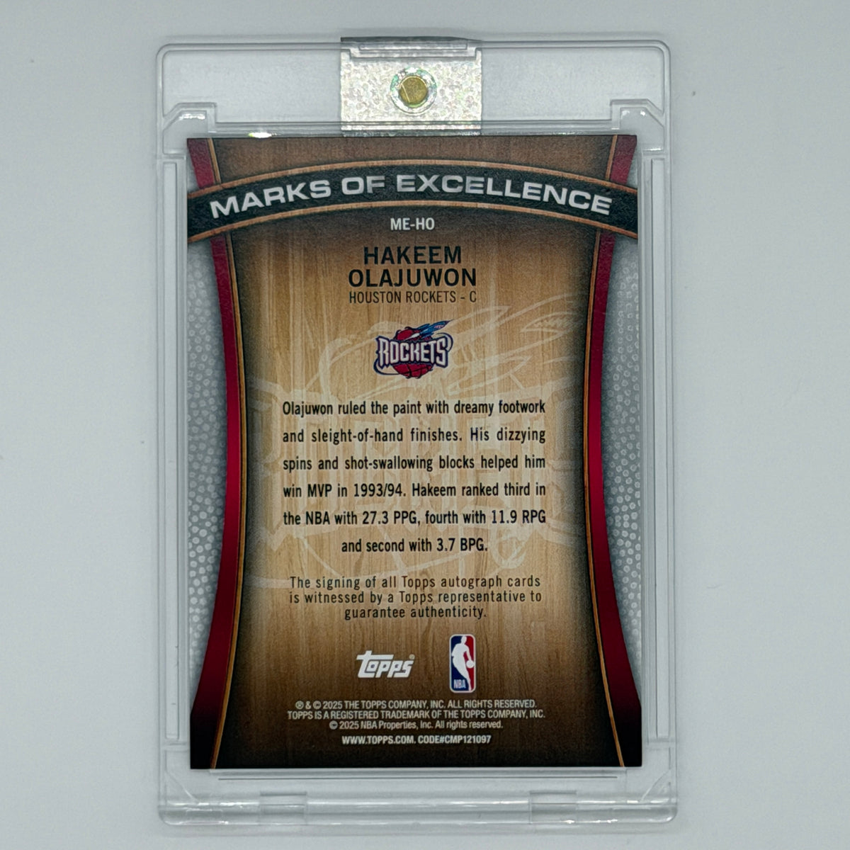 Hakeem Olajuwon Houston Rockets NBA Basketball Topps 2025 Marks of Excellence Auto /50