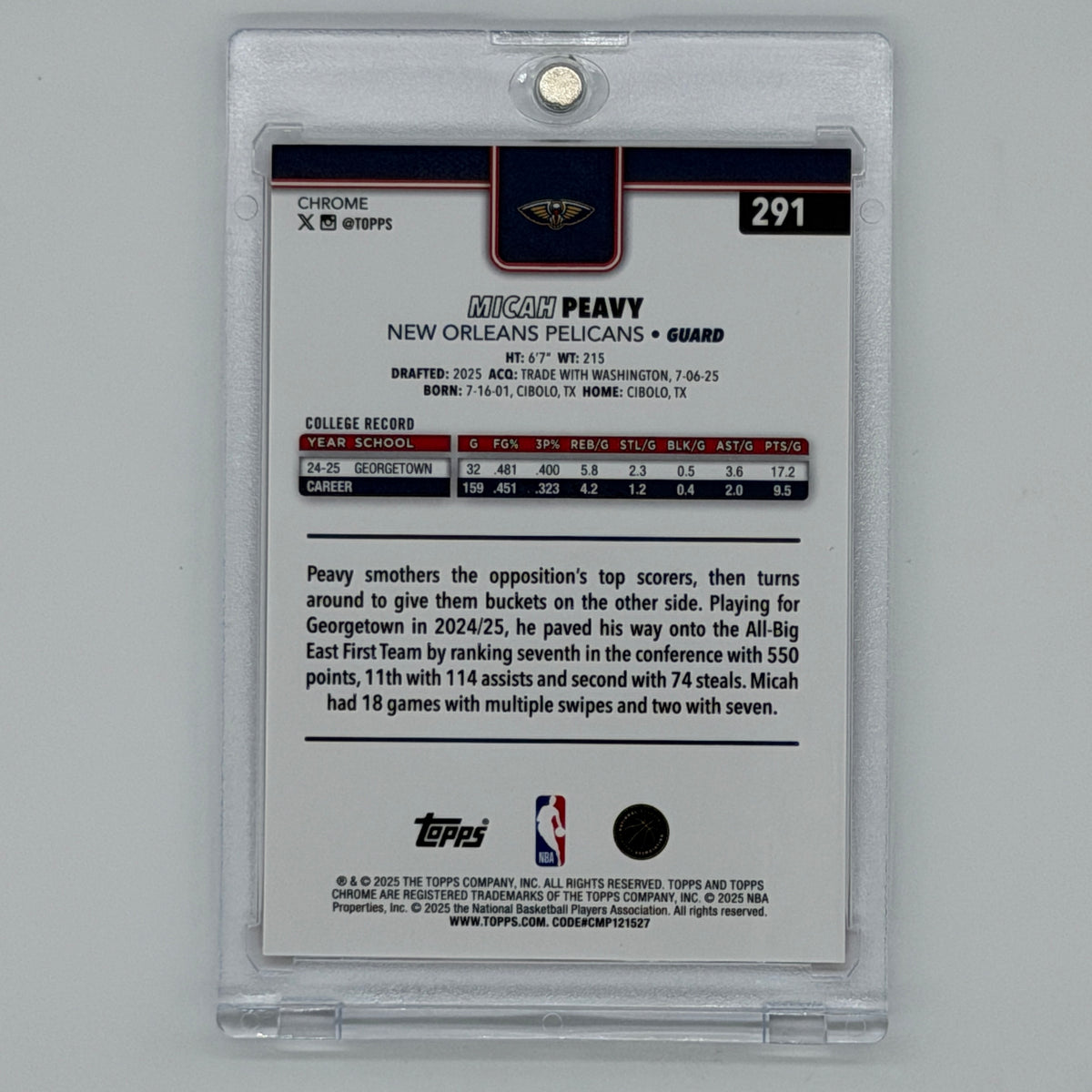 Micah Peavy New Orleans Pelicans NBA Basketball Topps 2025 Chrome RC /5