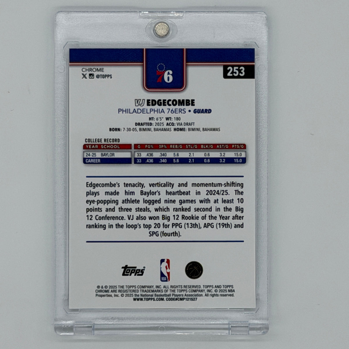 VJ Edgecombe Philadelphia 76ers NBA Basketball Topps 2025 Chrome Refractor